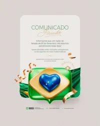 Comunicado Aviso Horário de Funcionamento Dia da Independência do Brasil 07 de Setembro PSD Editável