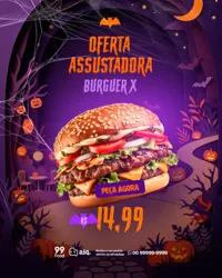 Ofertas Halloween Dia das Bruxas Hamburgueria Social Media PSD Editável