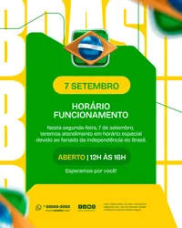 Comunicado Aviso Horário de Funcionamento Dia da Independência do Brasil 07 de Setembro PSD Editável