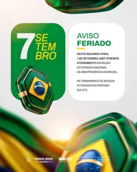 Comunicado Aviso Horário de Funcionamento Dia da Independência do Brasil 07 de Setembro PSD Editável