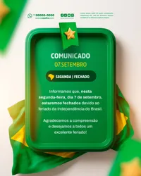 Comunicado Aviso Horário de Funcionamento Dia da Independência do Brasil 07 de Setembro PSD Editável
